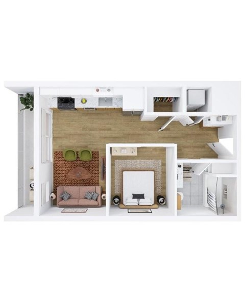 A white interior design layout with a couch, a table, and a television.